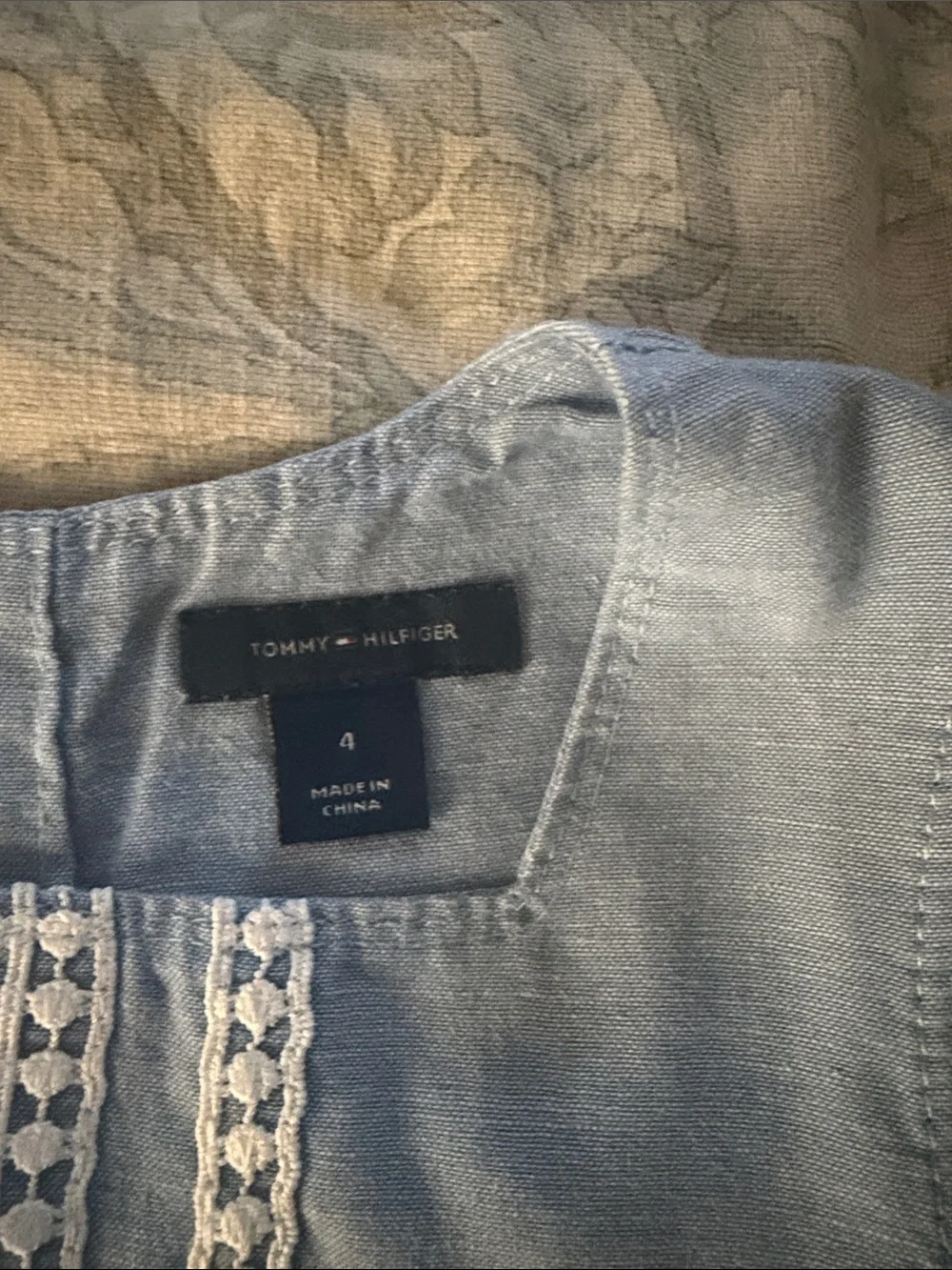 Tommy Hilfiger Light Blue Sleeveless Cotton Dress with White Lace Panels
